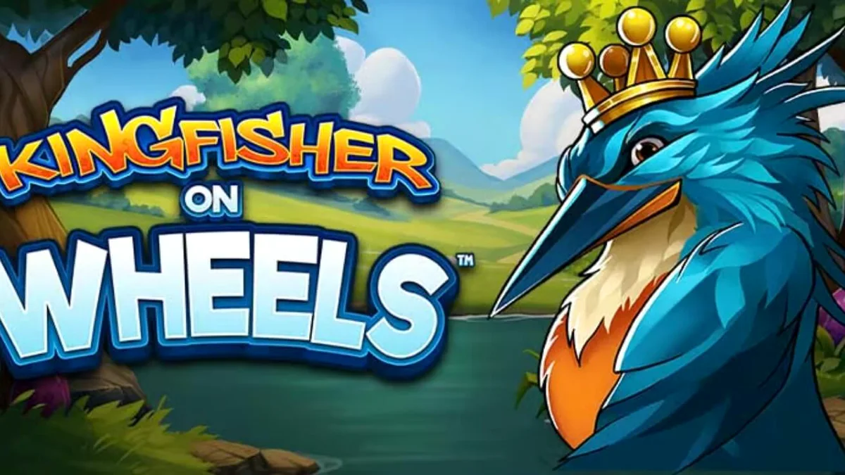 Tampilan visual slot Kingfisher on Wheels dengan latar belakang alam yang indah dan roda keberuntungan.